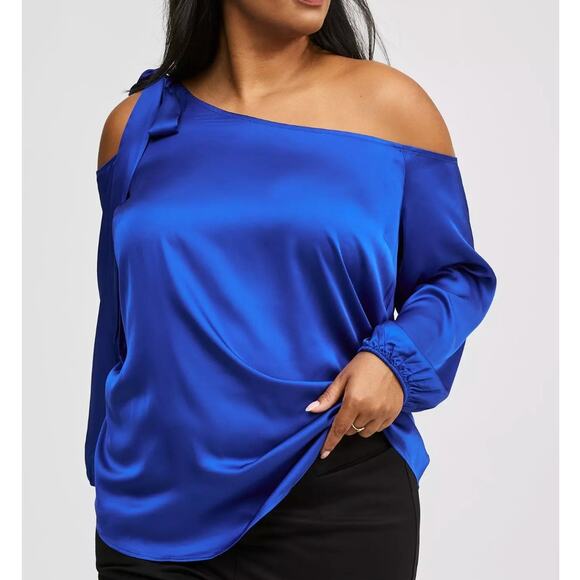 torrid Tops - NWT Torrid 2X Satin Tie Front Off Shoulder Long Sleeve Blouse Surf the Web Blue